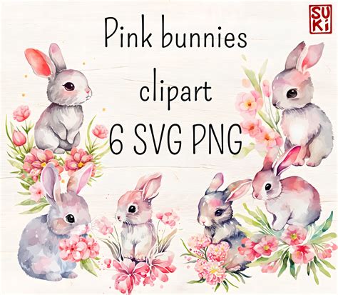 Cute pink bunnies clipart bundle | Creative Market