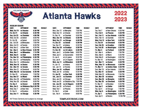 Printable 2022-2023 Atlanta Hawks Schedule