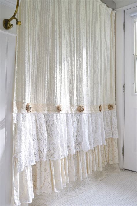 Shabby Cottage Chic Shower Curtain Cream Chenille Lace Ruffle