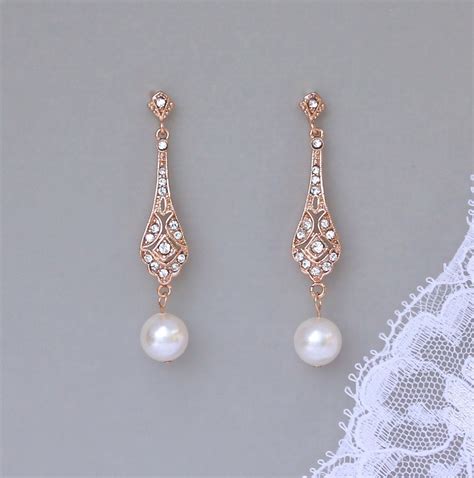 Rose Gold Crystal Earrings Bridal Pearl Drop Earrings Pink