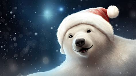 A polar bear wearing a Santa hat is illustrated resting its head on its paws amidst a snowy ...