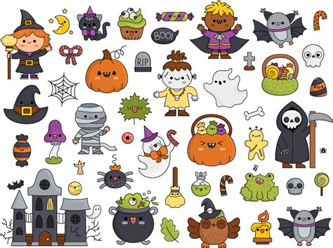 Vector kawaii Halloween clipart set for kids. Cute cartoon Samhain party elements. Scary ...