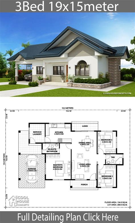 Home Design Plan 19x15m with 3 Bedrooms