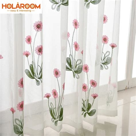 Peacock flower Embroidery Tulle Curtains The Little red flower window curtain For Living Room ...