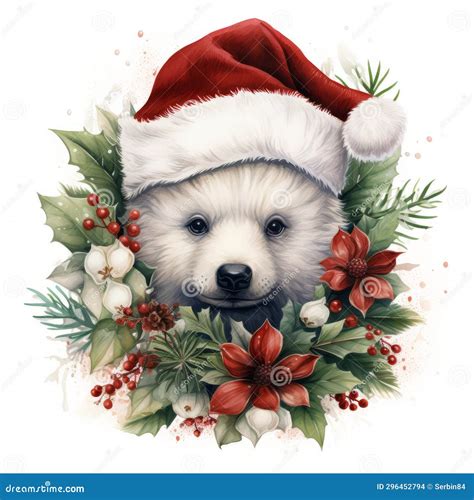 Baby Polar Bear with Santa Hat with Pattern Made of Real Poinsettia Flower Watercolor. Christmas ...