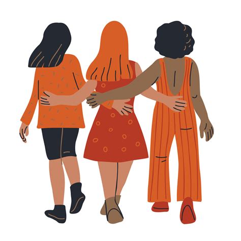 Three female friends walking together. View from behind. Hand drawn cartoon vector illustration ...