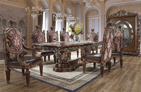 HD 1804 Homey Design Long Dining Table Victorian Style Burl & Metallic Antique Gold