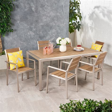 Gannon Outdoor Modern 6 Seater Aluminum and Faux Wood Dining Set, Natural and Silver - Walmart ...