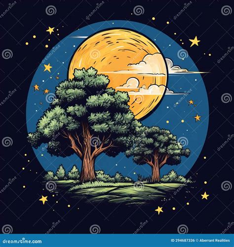 An Illustration of Two Trees and a Full Moon in the Night Sky Stock Illustration - Illustration ...