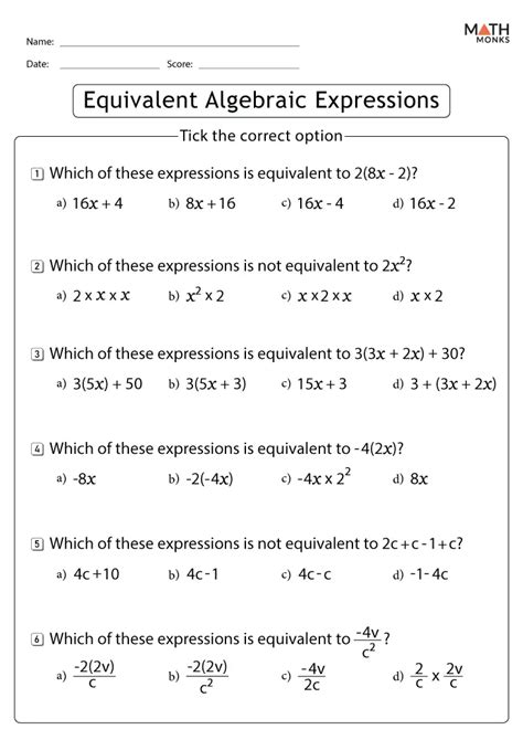 7th Grade Algebraic Expressions Worksheets - Math Monks