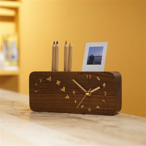 Wooden Pen Holder With Clock Wooden Table Clock, Wood Pencil Holder, Decorative Clock Desk ...