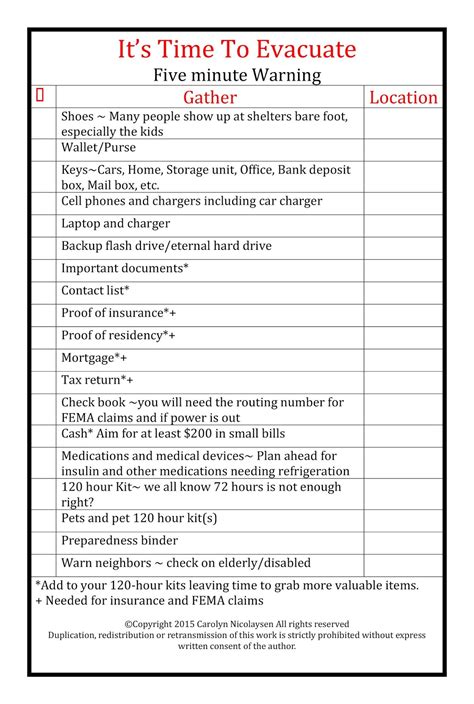 Printable Evacuation Checklist