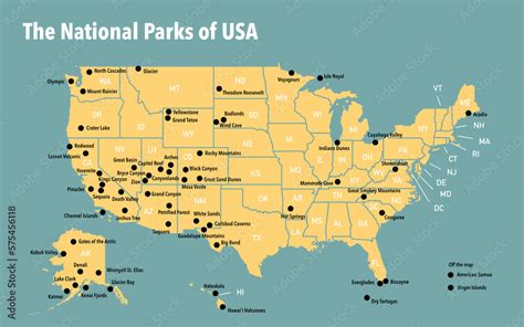 Map with the national parks of the United States Stock Illustration | Adobe Stock