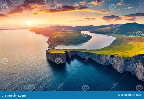 View From Flying Drone. Breathtaking Evening Scene Of Sorvagsvatn Lake, Vagar, Faroe Islands ...