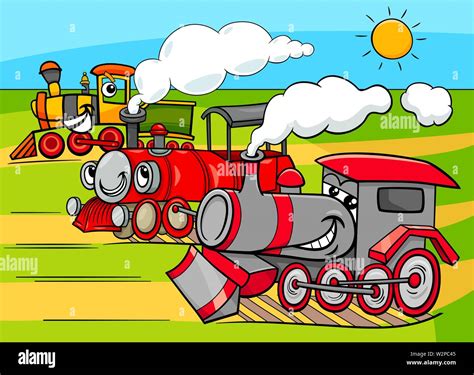 Cartoon Illustration of Funny Steam Engine Locomotive Railway Transport Characters Group Stock ...