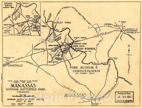 Historic 1943 Map - Manassas National Battlefield Park, Virginia. Show - Historic Pictoric