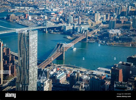 Aerial view of Brooklyn Bridge and Manhattan Bridge - New York, USA Stock Photo, Royalty Free ...