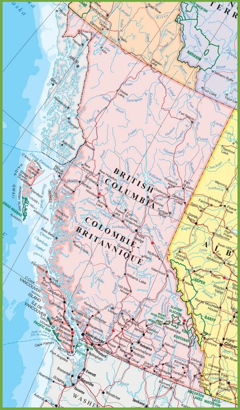 Large detailed map of British Columbia with cities and towns