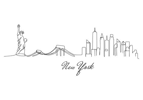 One single line drawing New York city skyline United States. Historical town landscape in world ...