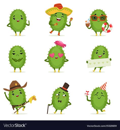 Cute cactus cartoon characters set cacti Vector Image