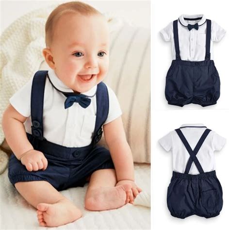 2018 summer fashion baby boy clothes gentleman short sleeve T shirt+strap Shorts 2pcs newborn ...