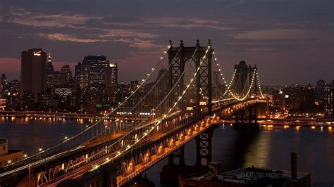 HD wallpaper: city, USA, New York City, bridge, night, Manhattan Bridge, architecture ...