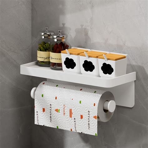 Paper Towel Holder Wall Mount for Kitchen, Self-Adhesive Paper Towel Holder with Shelf for ...