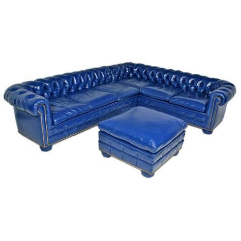 Bright blue leather chesterfield sectional sofa with ottoman at 1stDibs | royal blue leather ...