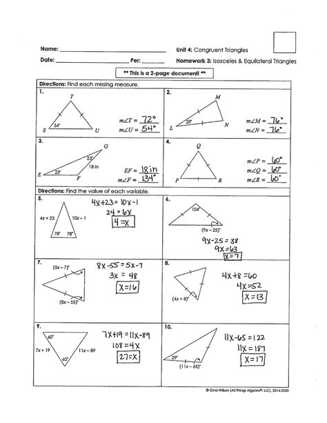 4-3+Isosceles+and+Equilateral+Triangles+HW+Key - Name: Unit 4: Congruent Triangles Date: Per ...