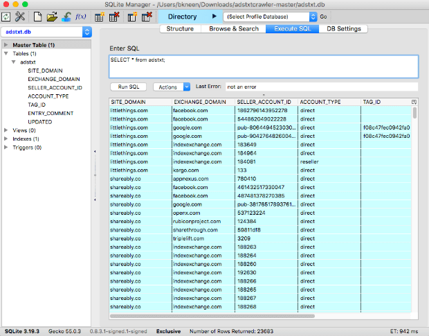 ads.txt data stored in a SQLite3 database viewed using the SQLite Manager extension