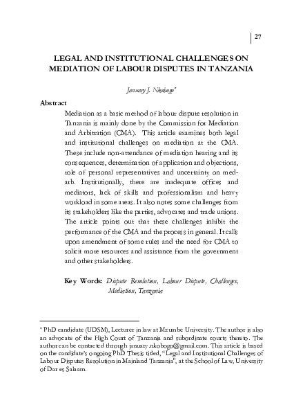 First page of “Legal and Institutional Challenges on Mediation of Labour Disputes in Tanzania”