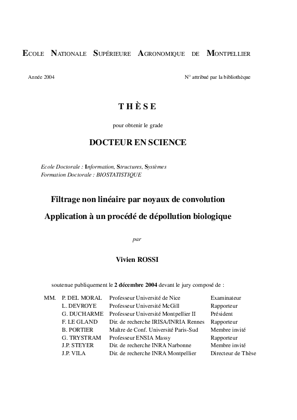 First page of “Filtrage non linéaire par noyaux de convolution: application à un procédé de dépollution biologique”