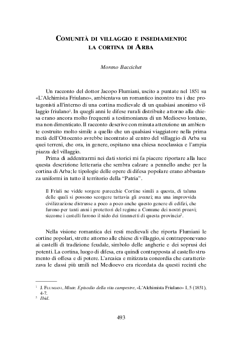 First page of “2011/2012; Citazioni in ATTI DELL'ACCADEMIA "SAN MARCO" DI PORDENONE volume 13-14, Pordenone 2011/2012, pp. 957; Moreno Baccichet, Comunità di villaggio e insediamento: la cortina di Arba.”