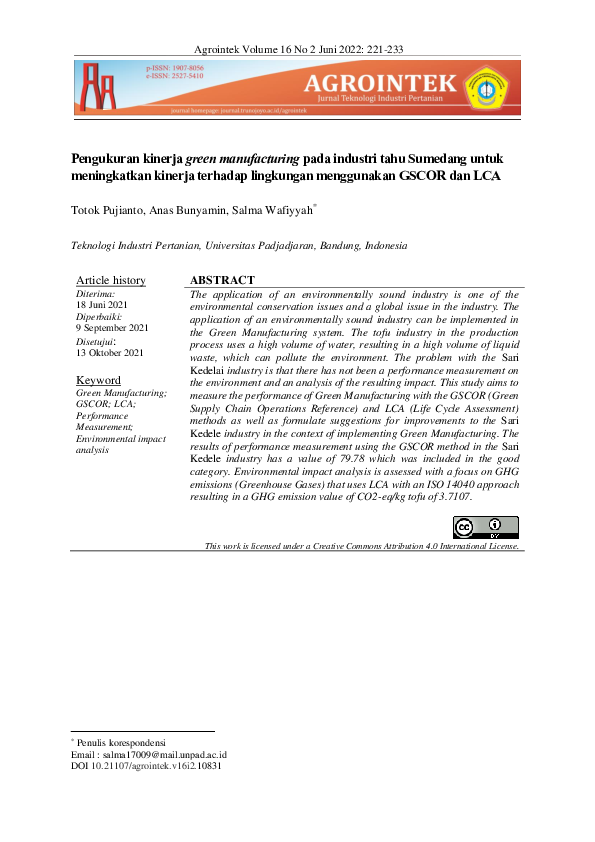 First page of “Pengukuran kinerja green manufacturing pada industri tahu sumedang untuk meningkatkan kinerja terhadap lingkungan menggunakan GSCOR dan LCA”