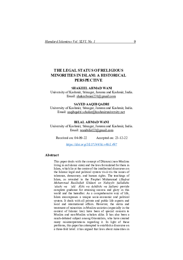 First page of “The Legal Status of Religious Minorities in Islam: A Historical Perspective”