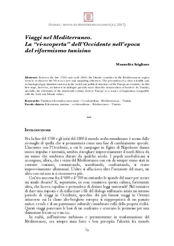 First page of “OCCHIALÌ-RIVISTA SUL MEDITERRANEO ISLAMICO (N Viaggi nel Mediterraneo. La "ri-scoperta" dell'Occidente nell'epoca del riformismo tunisino”