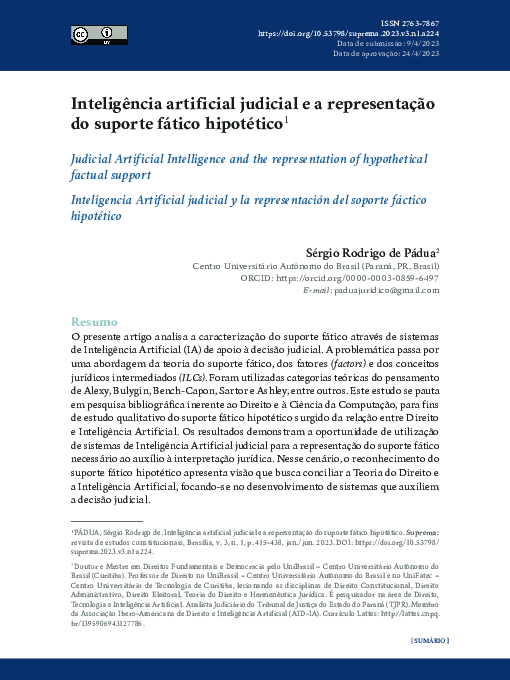 First page of “Inteligência artificial judicial e a representação do suporte fático hipotético”