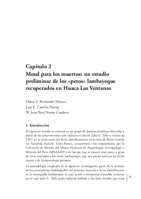 First page of “Capítulo 2 Metal para los muertos: un estudio preliminar de los «petos» lambayeque recuperados en Huaca Las Ventanas”