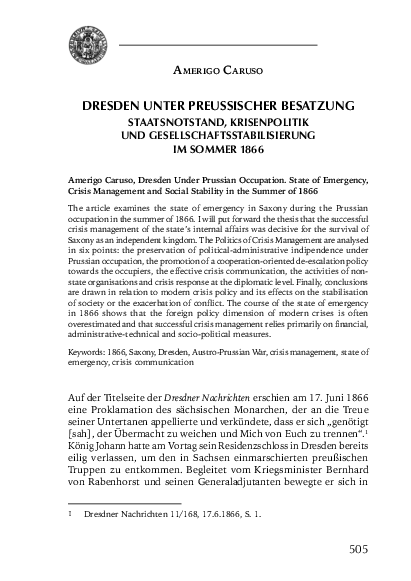 First page of “Dresden unter preußischer Besatzung. Staatsnotstand, Krisenpolitik und Gesellschaftsstabilisierung im Sommer 1866”