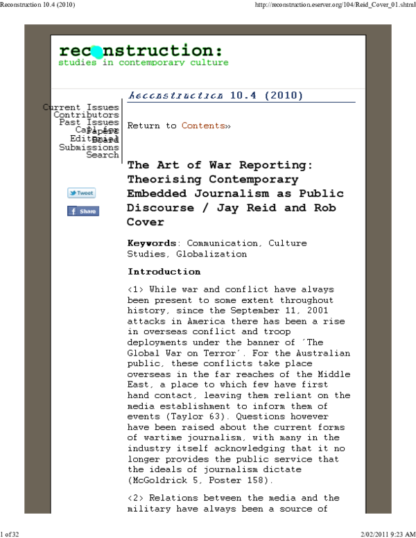 First page of “The Art of War Reporting: Embedded Journalism as Public Discourse”