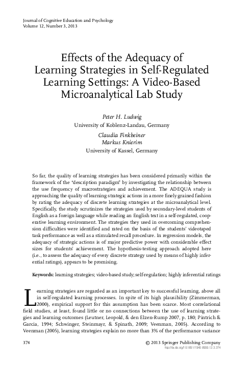 First page of “Effects of the Adequacy of Learning Strategies in Self-Regulated Learning Settings: A Video-Based Microanalytical Lab Study”