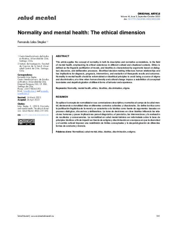 First page of “Normality and mental health: The ethical dimension”