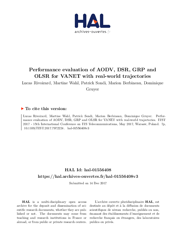 First page of “Performance evaluation of AODV, DSR, GRP and OLSR for VANET with real-world trajectories”