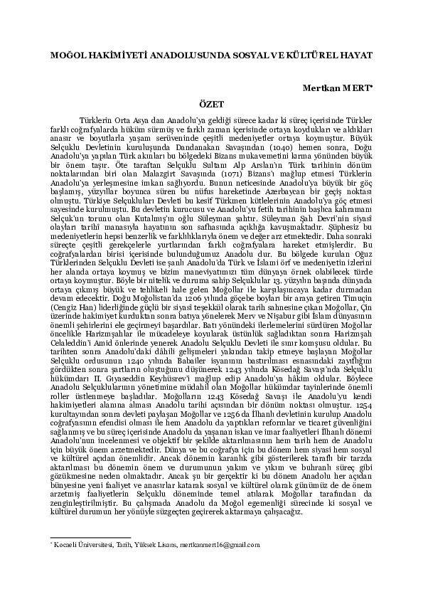 First page of “MOĞOL HAKİMİYETİ ANADOLUSUNDA  SOSYAL  VE KÜLTÜREL HAYAT”