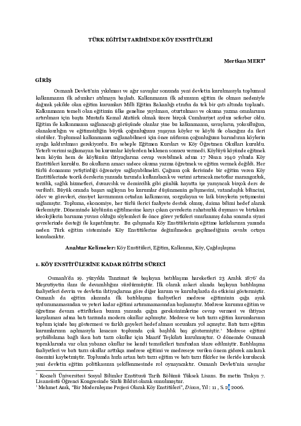 First page of “Türk  Egitim Tarihinde Köy Enstitüleri, Edirne”