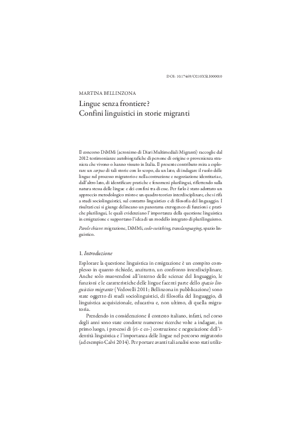 First page of “Lingue senza frontiere? Confini linguistici in storie migranti”