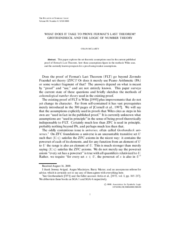 First page of “What Does it Take to Prove Fermat's Last Theorem? Grothendieck and the Logic of Number Theory”