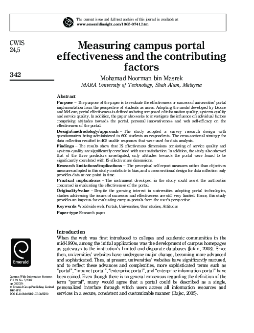 First page of “Measuring campus portal effectiveness and the contributing factors”