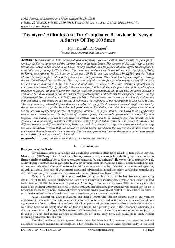 First page of “Taxpayers attitudes and tax compliance behaviour in Kenya (How the taxpayers attitudes influence compliance behaviour among SMEs Business Income Earners)”