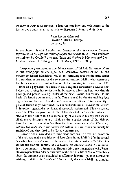 First page of “David B. Ruderman, “Review of ‘Jewish Identity and Society in the Seventeenth Century: Reflections on the Life and Work of Refael Mordekhai Malki’, by Minna Rozen,” AJS Review, vol. 19, no. 2 (November 1994): 265-267”